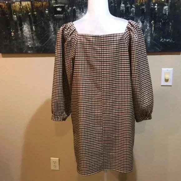 Zara Square Neck Puff Sleeves Plaid Mini Dress-Size L - Picture 2 of 9